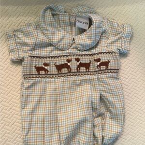 Blue and Brown Plaid Puppy Dog Smocked Baby Boy Outfit
